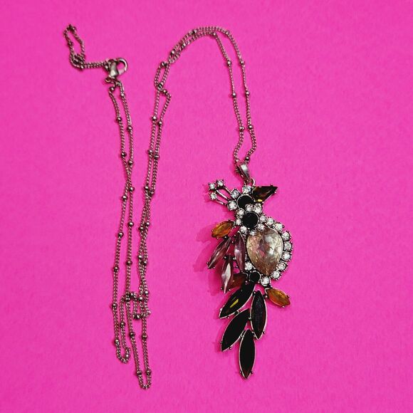 Silver 32" Birds Of Paradise Rhinestone Pendant Necklace - Picture 2 of 6